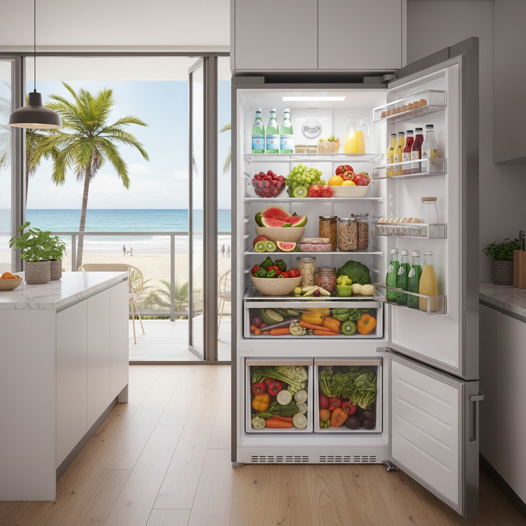 Un frigorífico abierto repleto de frutas y verduras frescas en una cocina moderna con vistas a la playa.