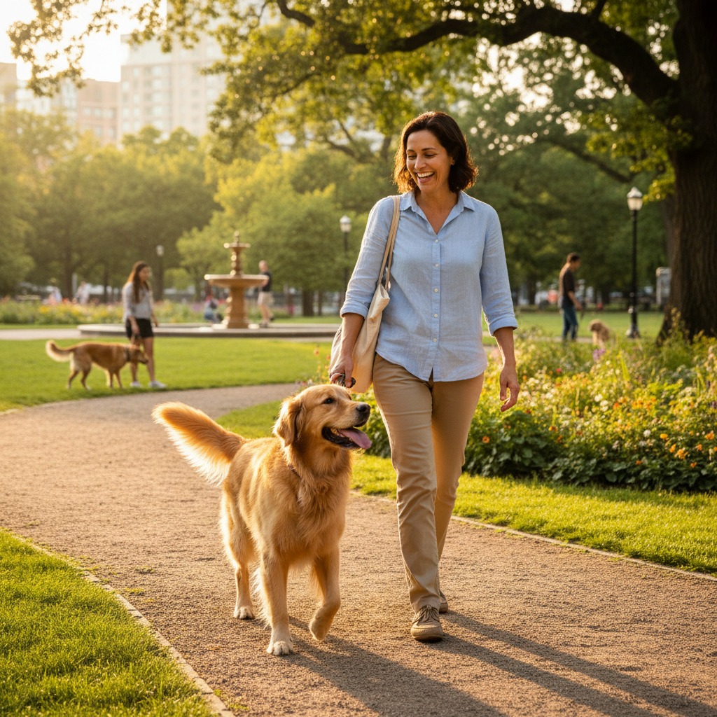 Una mujer sonriente camina por un sendero de un parque soleado junto a su perro golden retriever con correa.