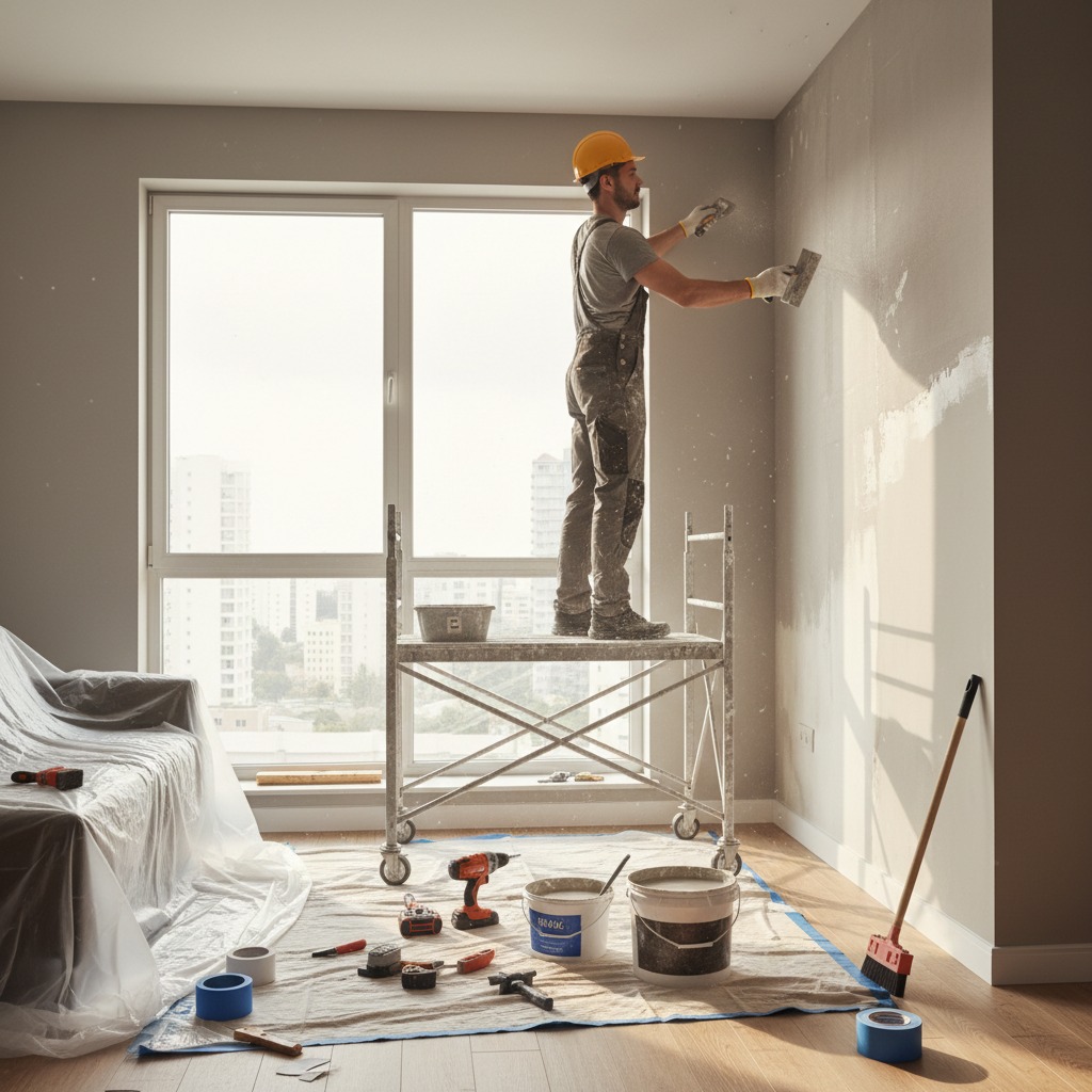 Un obrero con casco amarillo enfoscando una pared desde un andamio en una habitación en obras.