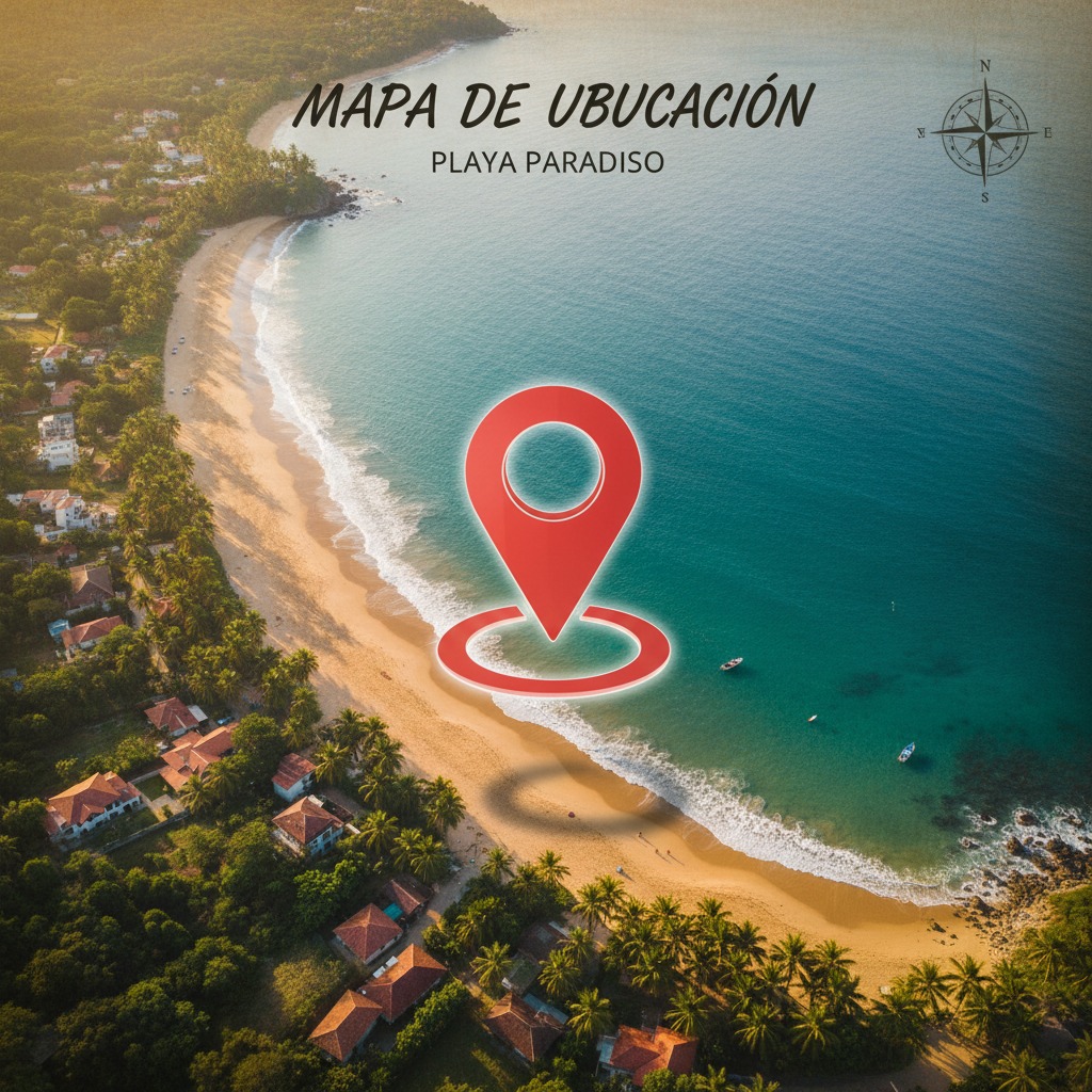 Vista aérea de una playa tropical con vegetación, el mar azul y un icono rojo grande de ubicación superpuesto.