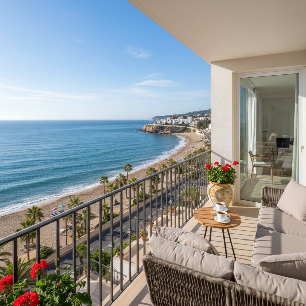 Una terraza amplia y luminosa con un sofá cómodo, una mesa pequeña con tazas y una vista panorámica del mar y la costa.