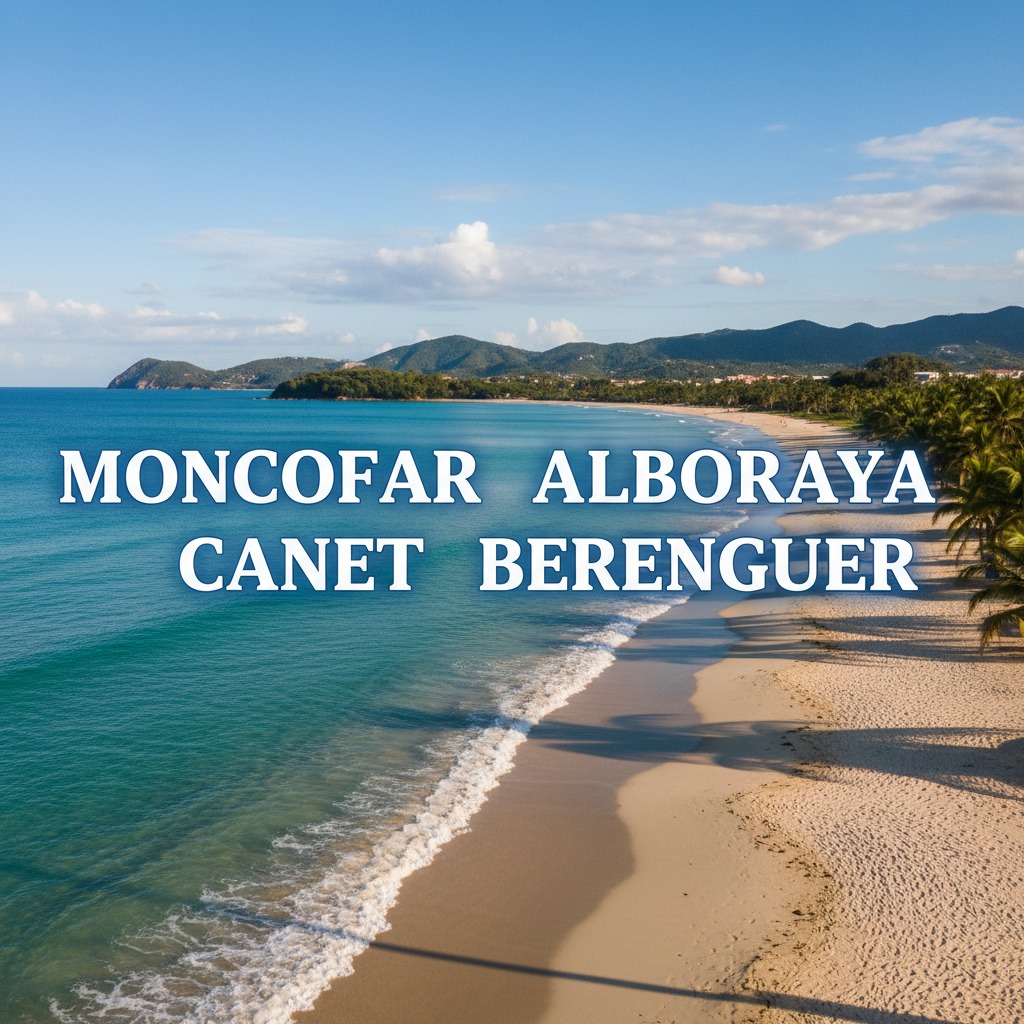 Vista aérea de una playa de arena clara junto a un mar azul con olas suaves y vegetación en la costa, con el texto superpuesto MONCOFAR ALBORAYA CANET BERENGUER.
