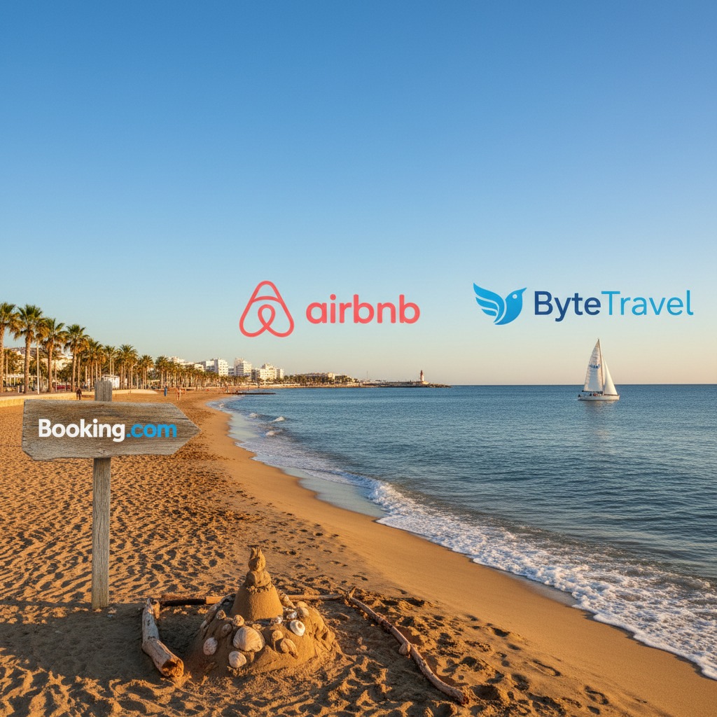 Playa soleada con un cartel de madera que muestra el logotipo de Booking, y los logotipos de Airbnb y ByteTravel flotando en el cielo.