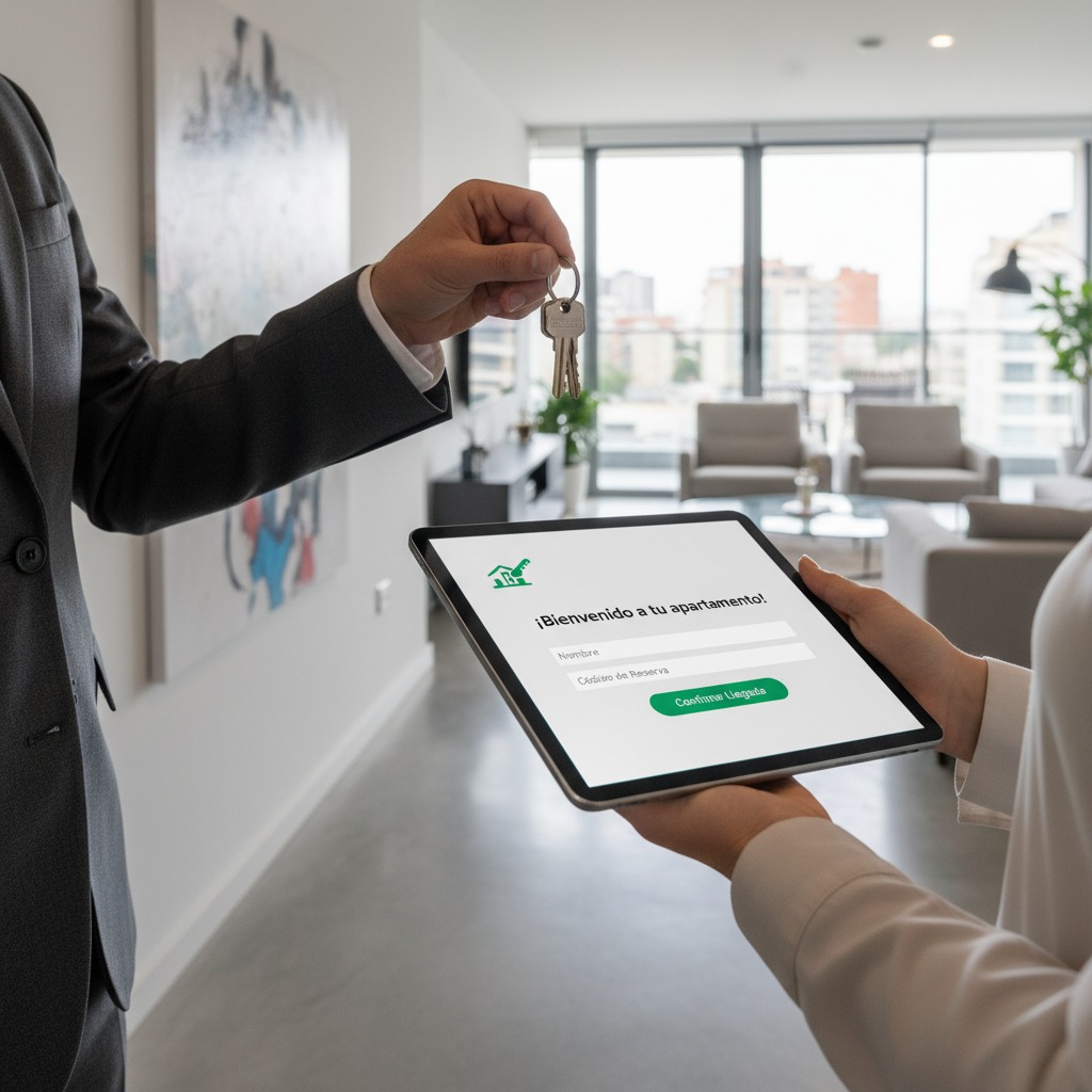 Una persona con traje entrega un juego de llaves mientras otra persona sostiene una tableta con un formulario de bienvenida en un apartamento luminoso.